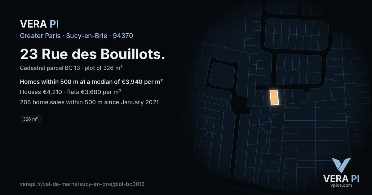 23 Rue des Bouillots, Sucy-en-Brie at night – the plot lit, the parcels around coloured by the prices near them