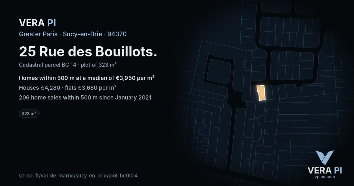 25 Rue des Bouillots, Sucy-en-Brie at night – the plot lit, the parcels around coloured by the prices near them