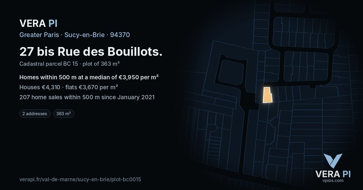 27 bis Rue des Bouillots, Sucy-en-Brie at night – the plot lit, the parcels around coloured by the prices near them