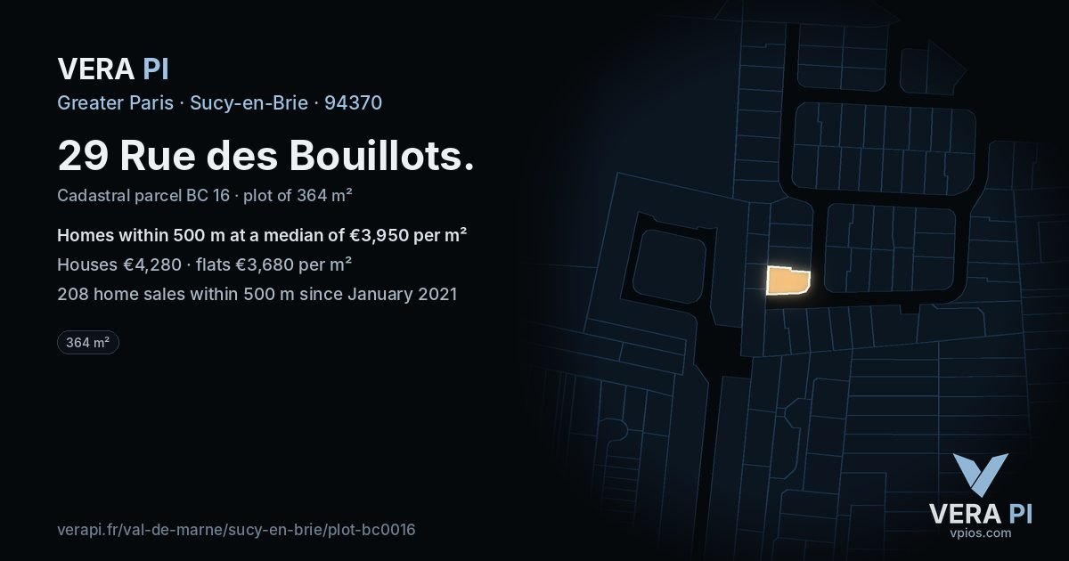29 Rue des Bouillots, Sucy-en-Brie at night – the plot lit, the parcels around coloured by the prices near them