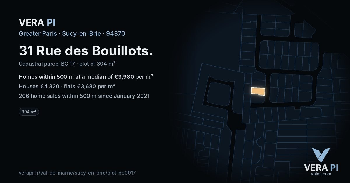 31 Rue des Bouillots, Sucy-en-Brie at night – the plot lit, the parcels around coloured by the prices near them