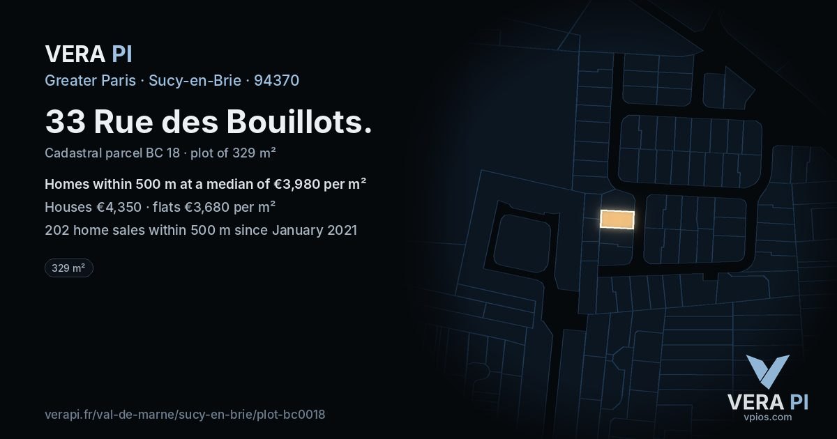 33 Rue des Bouillots, Sucy-en-Brie at night – the plot lit, the parcels around coloured by the prices near them