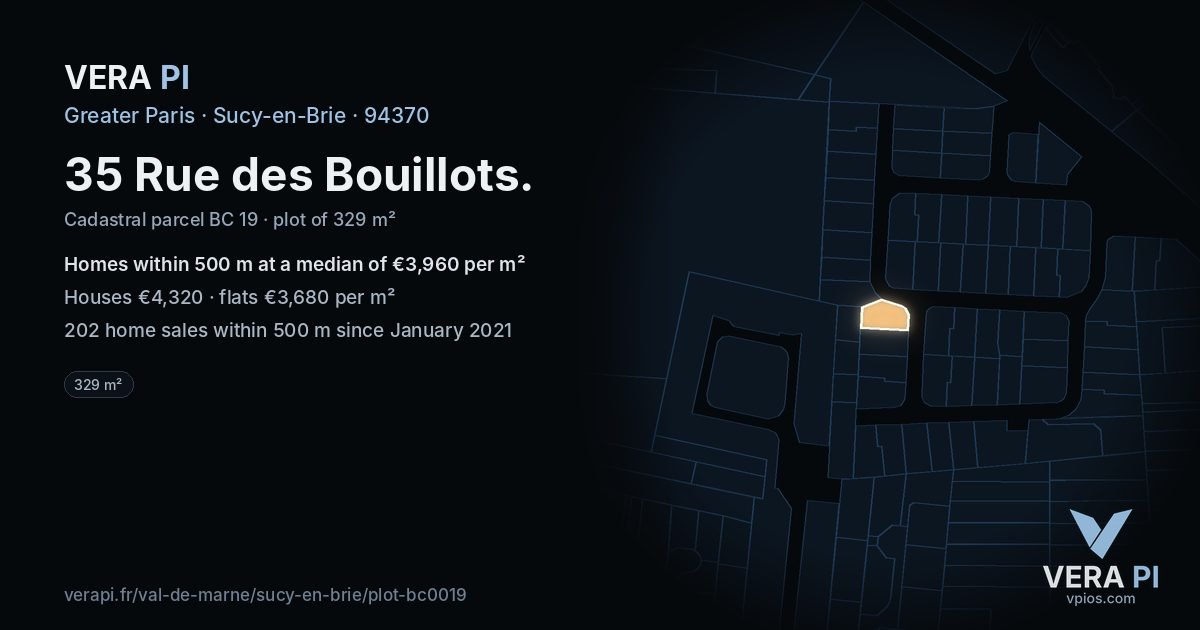 35 Rue des Bouillots, Sucy-en-Brie at night – the plot lit, the parcels around coloured by the prices near them