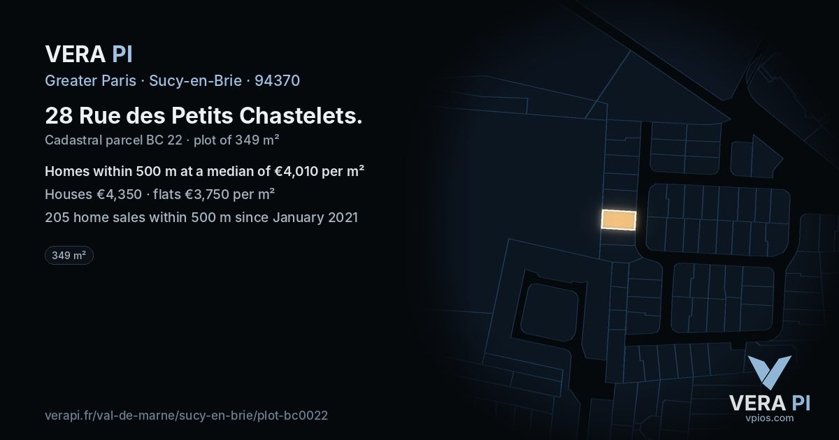 28 Rue des Petits Chastelets, Sucy-en-Brie at night – the plot lit, the parcels around coloured by the prices near them