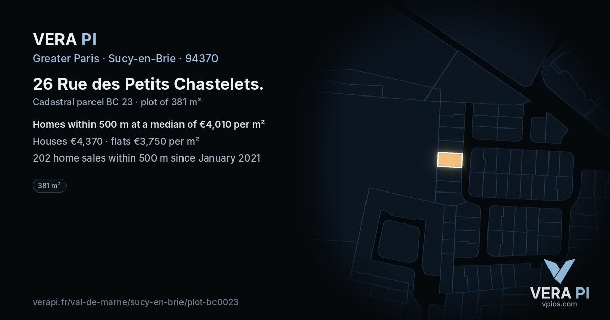 26 Rue des Petits Chastelets, Sucy-en-Brie at night – the plot lit, the parcels around coloured by the prices near them