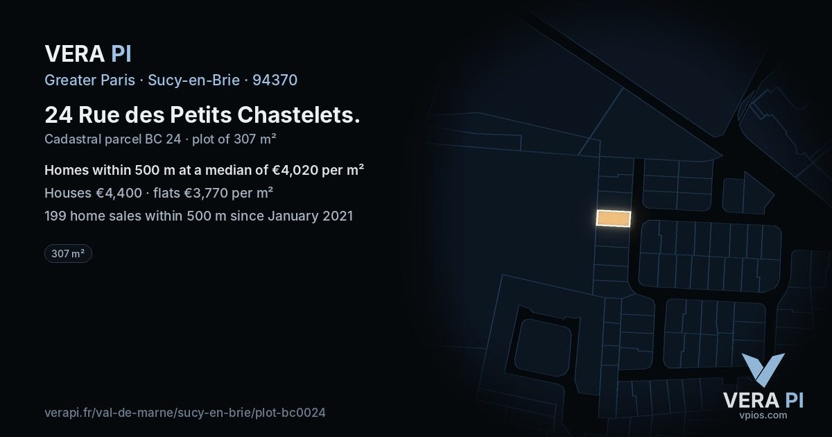 24 Rue des Petits Chastelets, Sucy-en-Brie at night – the plot lit, the parcels around coloured by the prices near them