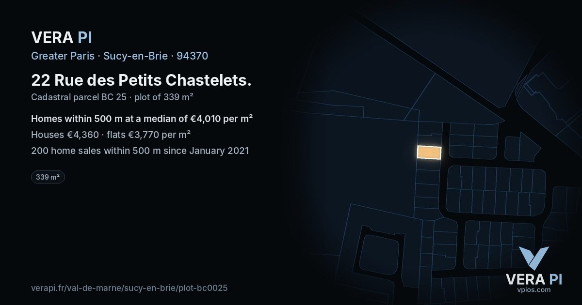 22 Rue des Petits Chastelets, Sucy-en-Brie at night – the plot lit, the parcels around coloured by the prices near them