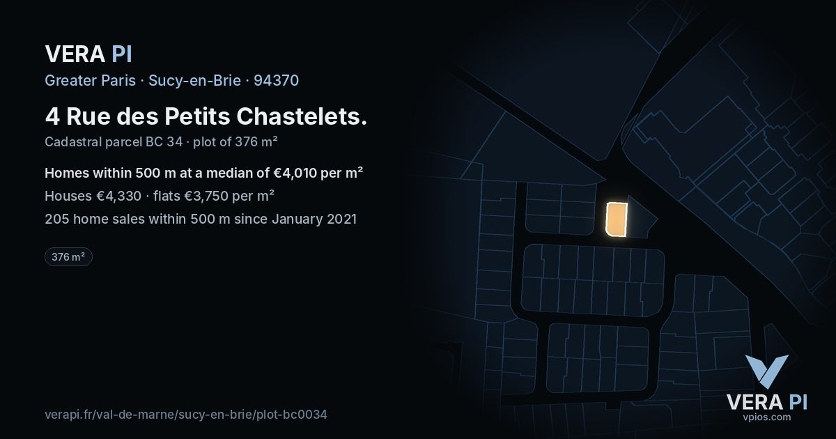 4 Rue des Petits Chastelets, Sucy-en-Brie at night – the plot lit, the parcels around coloured by the prices near them