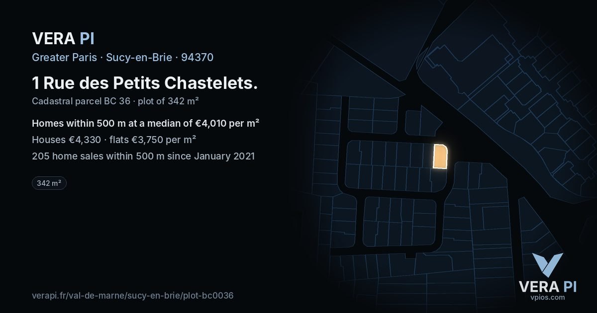 1 Rue des Petits Chastelets, Sucy-en-Brie at night – the plot lit, the parcels around coloured by the prices near them