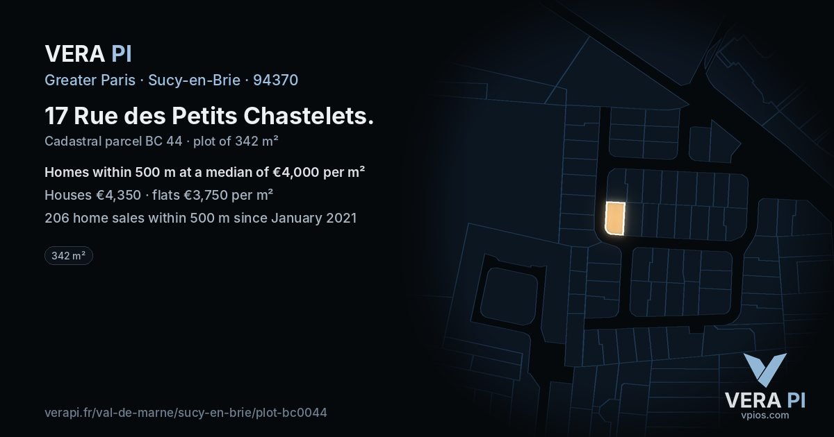 17 Rue des Petits Chastelets, Sucy-en-Brie at night – the plot lit, the parcels around coloured by the prices near them