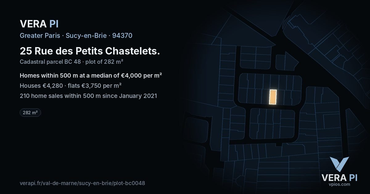 25 Rue des Petits Chastelets, Sucy-en-Brie at night – the plot lit, the parcels around coloured by the prices near them
