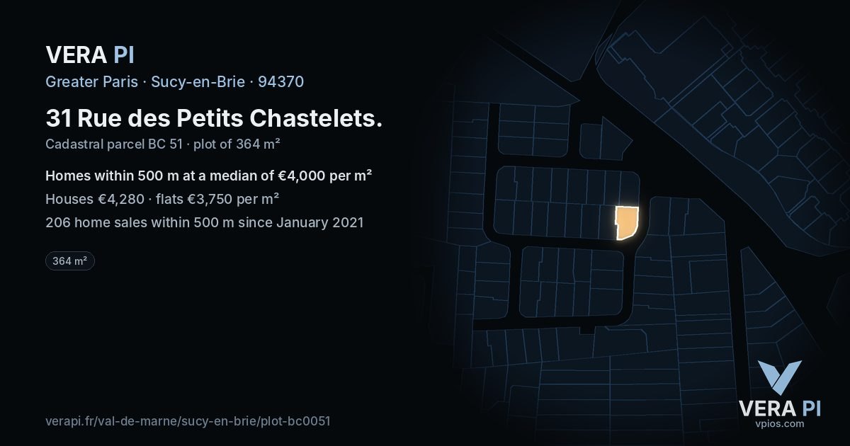 31 Rue des Petits Chastelets, Sucy-en-Brie at night – the plot lit, the parcels around coloured by the prices near them
