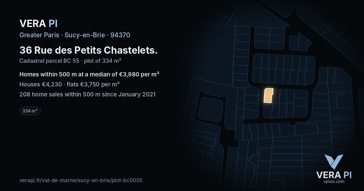 36 Rue des Petits Chastelets, Sucy-en-Brie at night – the plot lit, the parcels around coloured by the prices near them