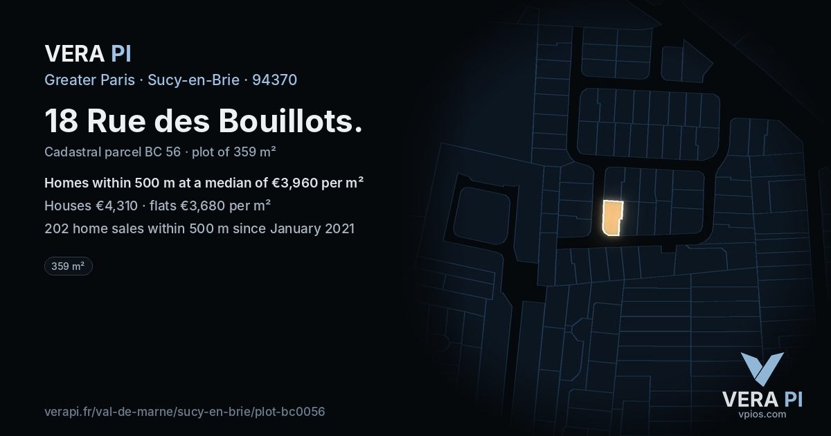 18 Rue des Bouillots, Sucy-en-Brie at night – the plot lit, the parcels around coloured by the prices near them