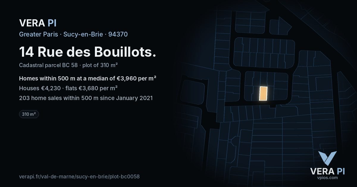 14 Rue des Bouillots, Sucy-en-Brie at night – the plot lit, the parcels around coloured by the prices near them