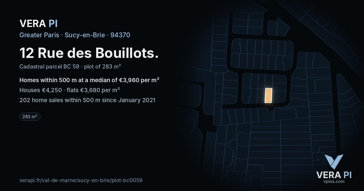 12 Rue des Bouillots, Sucy-en-Brie at night – the plot lit, the parcels around coloured by the prices near them