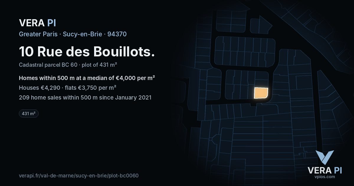 10 Rue des Bouillots, Sucy-en-Brie at night – the plot lit, the parcels around coloured by the prices near them