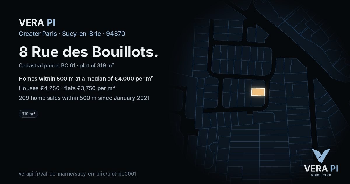 8 Rue des Bouillots, Sucy-en-Brie at night – the plot lit, the parcels around coloured by the prices near them