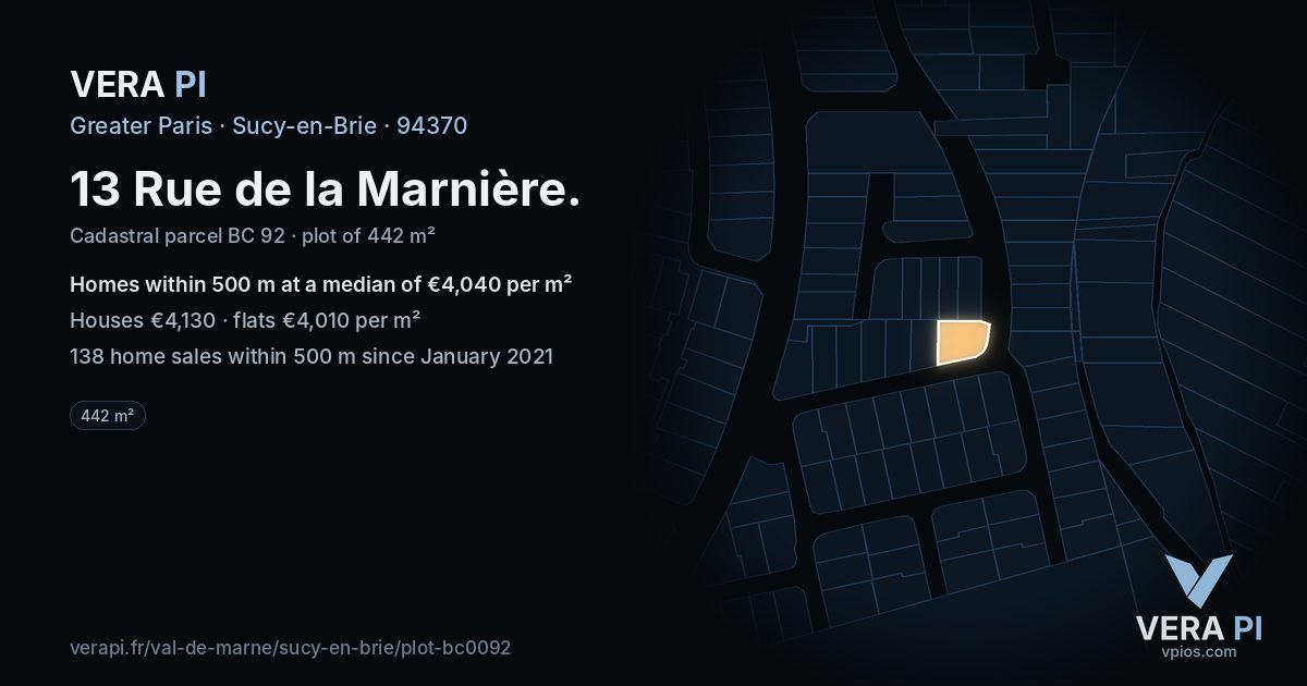 13 Rue de la Marnière, Sucy-en-Brie at night – the plot lit, the parcels around coloured by the prices near them