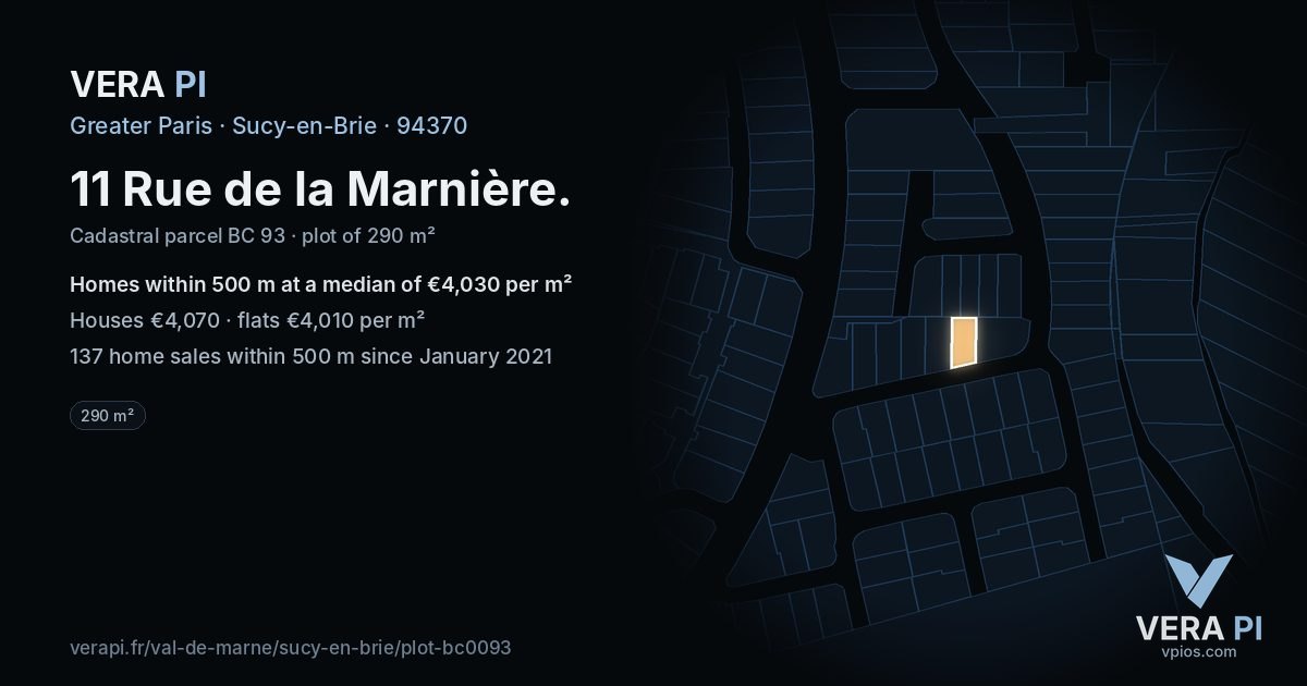 11 Rue de la Marnière, Sucy-en-Brie at night – the plot lit, the parcels around coloured by the prices near them