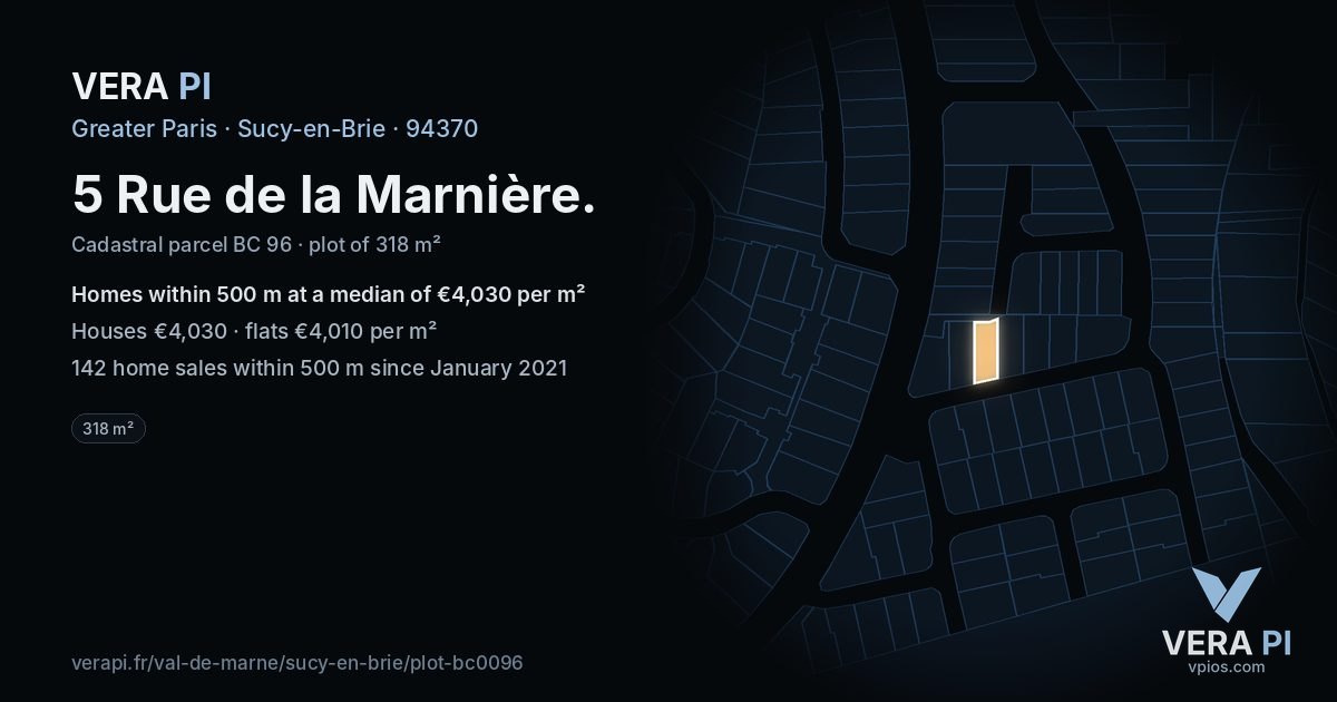 5 Rue de la Marnière, Sucy-en-Brie at night – the plot lit, the parcels around coloured by the prices near them