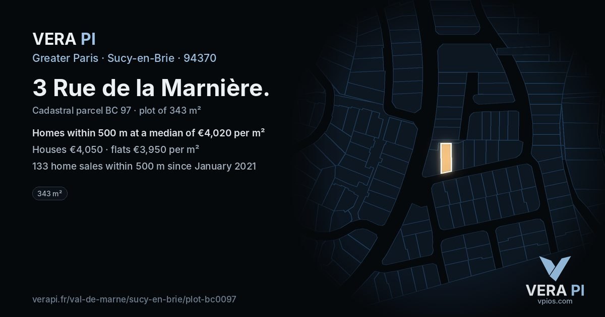 3 Rue de la Marnière, Sucy-en-Brie at night – the plot lit, the parcels around coloured by the prices near them