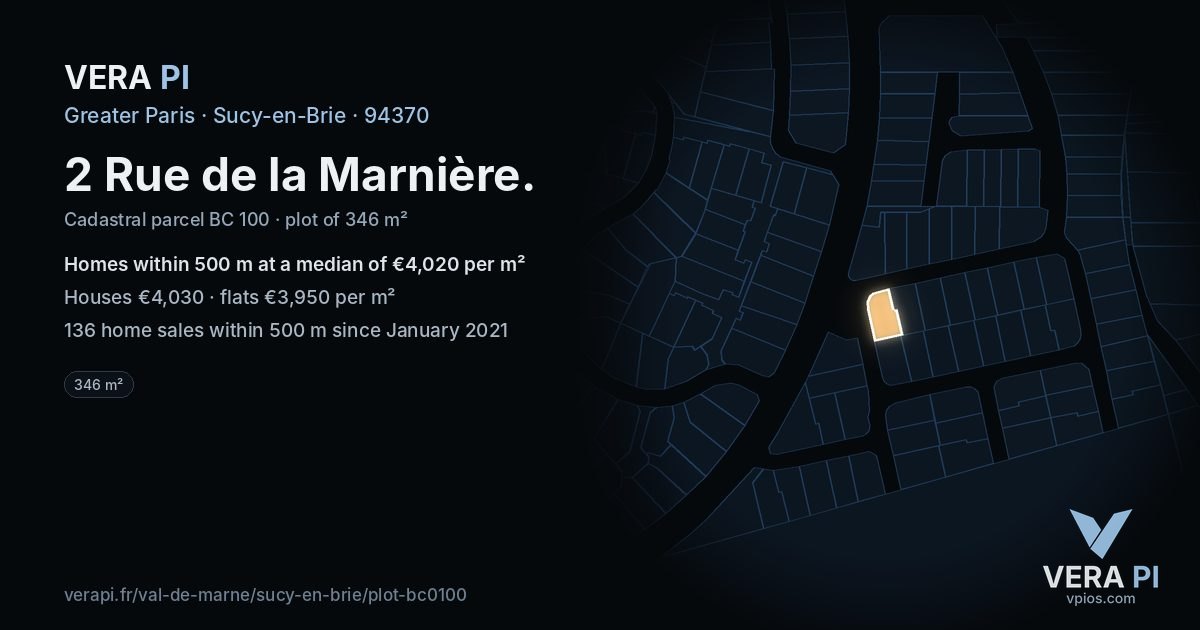 2 Rue de la Marnière, Sucy-en-Brie at night – the plot lit, the parcels around coloured by the prices near them