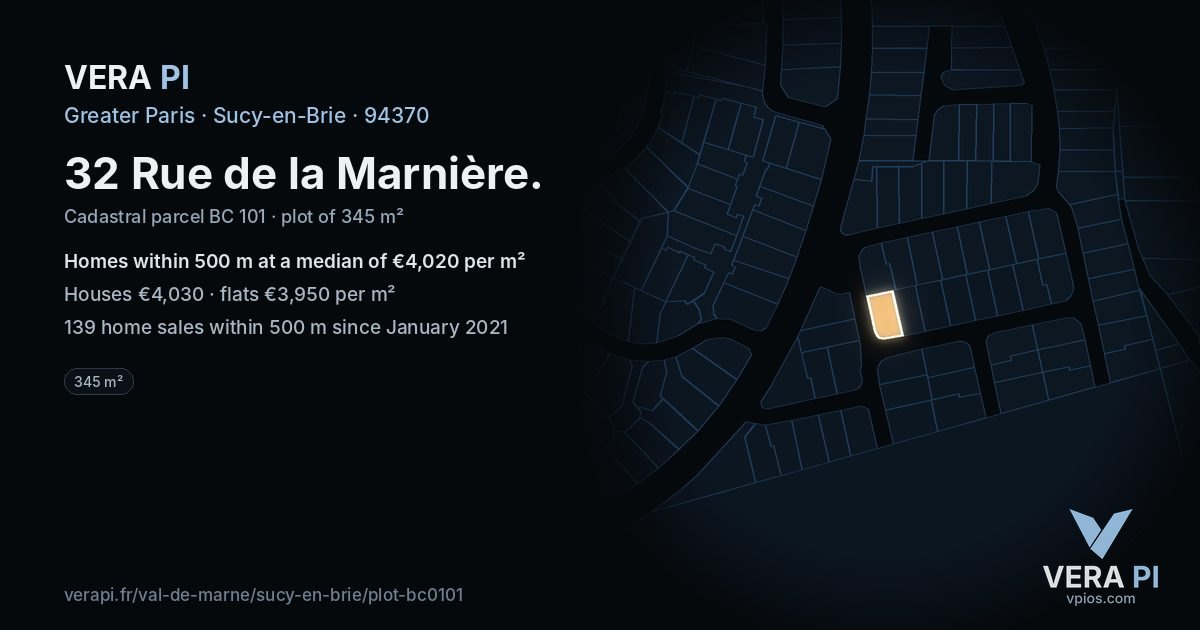 32 Rue de la Marnière, Sucy-en-Brie at night – the plot lit, the parcels around coloured by the prices near them