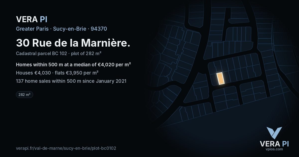 30 Rue de la Marnière, Sucy-en-Brie at night – the plot lit, the parcels around coloured by the prices near them