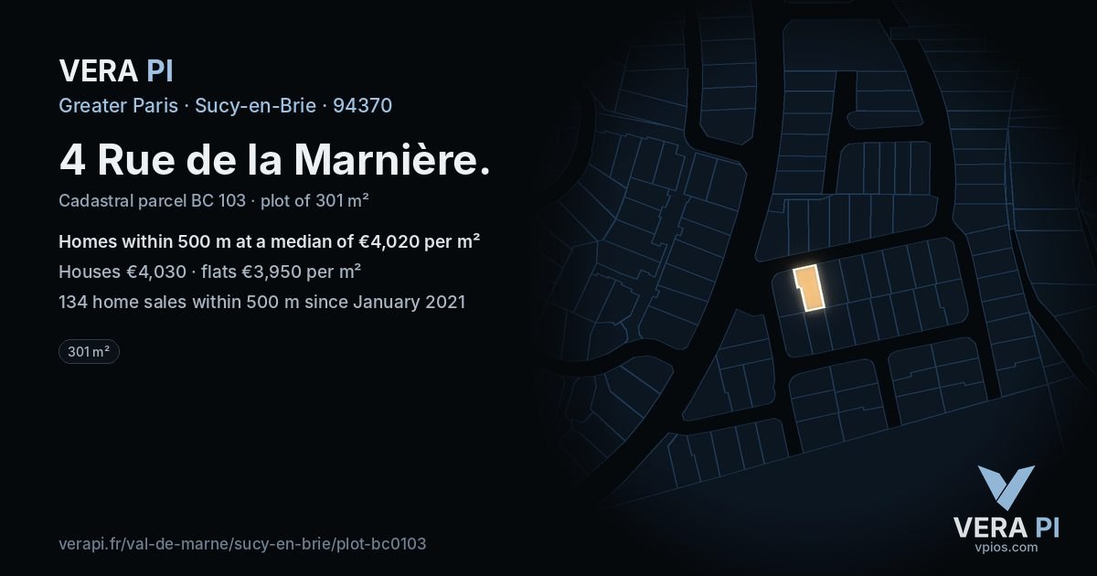 4 Rue de la Marnière, Sucy-en-Brie at night – the plot lit, the parcels around coloured by the prices near them