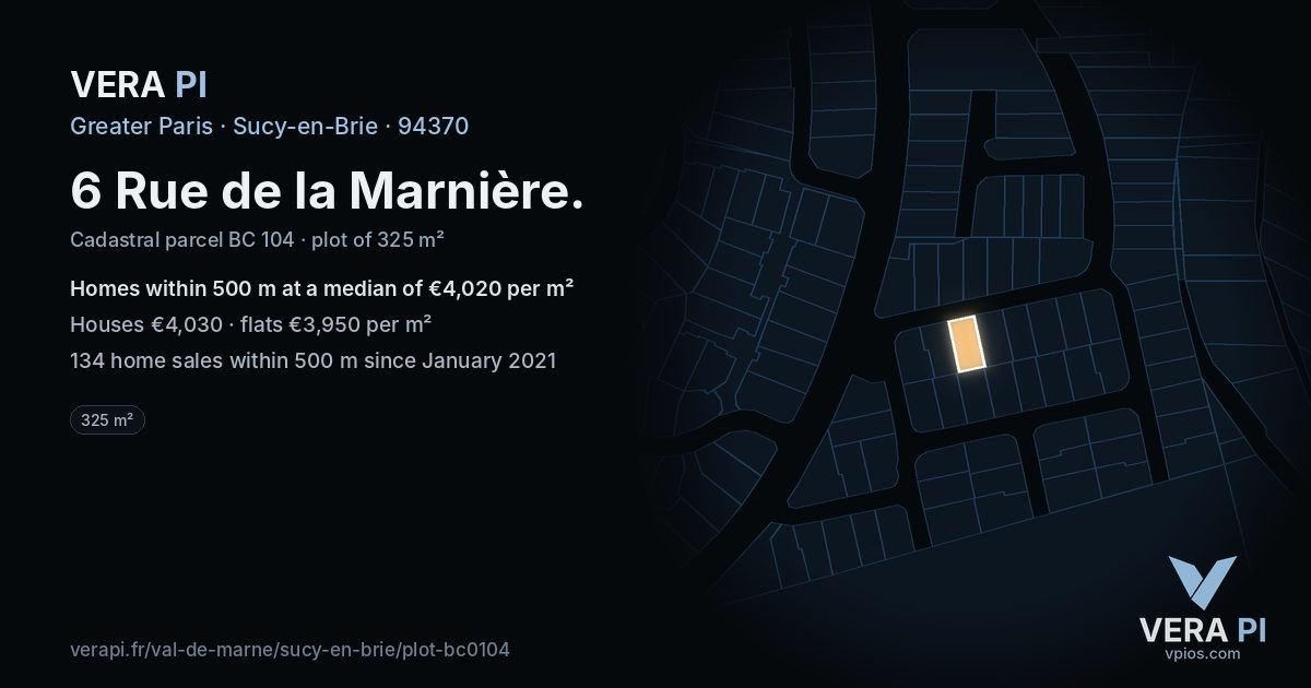 6 Rue de la Marnière, Sucy-en-Brie at night – the plot lit, the parcels around coloured by the prices near them
