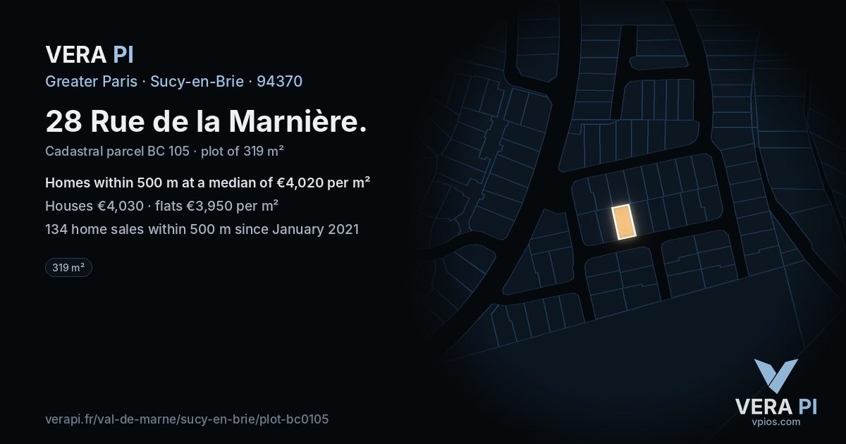 28 Rue de la Marnière, Sucy-en-Brie at night – the plot lit, the parcels around coloured by the prices near them