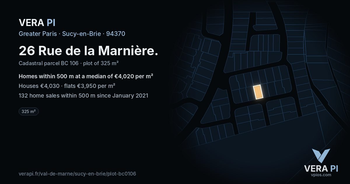 26 Rue de la Marnière, Sucy-en-Brie at night – the plot lit, the parcels around coloured by the prices near them
