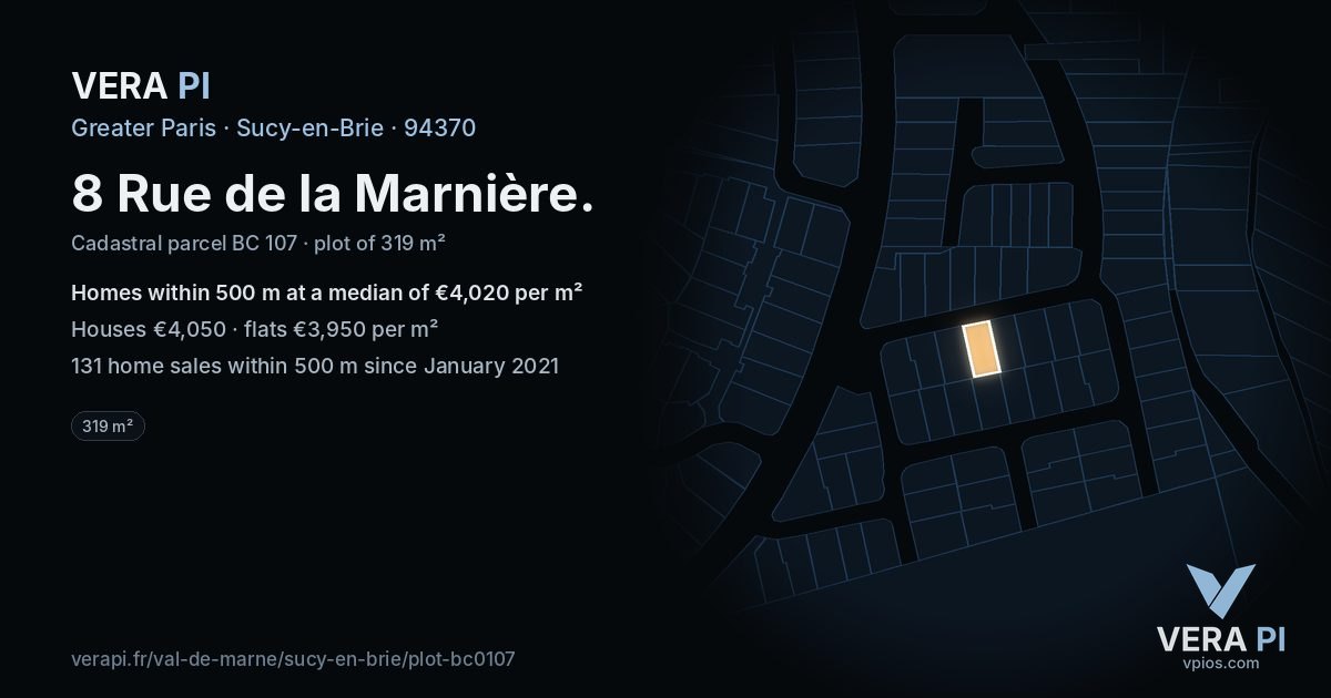 8 Rue de la Marnière, Sucy-en-Brie at night – the plot lit, the parcels around coloured by the prices near them
