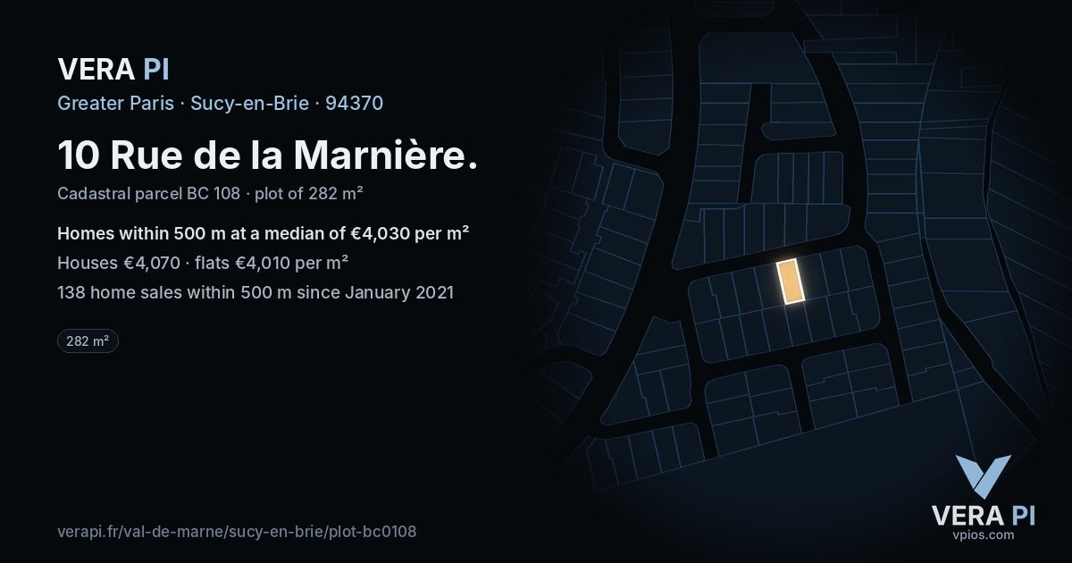 10 Rue de la Marnière, Sucy-en-Brie at night – the plot lit, the parcels around coloured by the prices near them