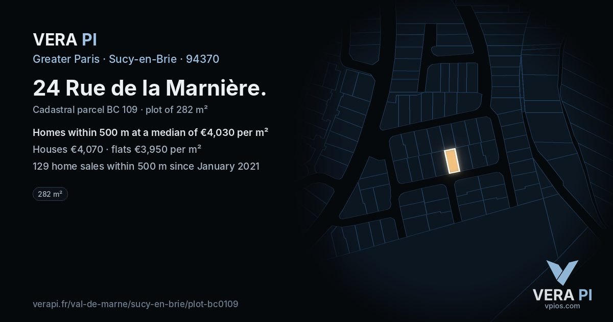 24 Rue de la Marnière, Sucy-en-Brie at night – the plot lit, the parcels around coloured by the prices near them