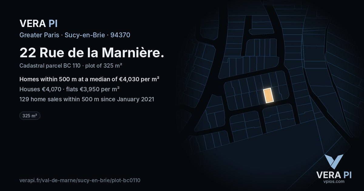 22 Rue de la Marnière, Sucy-en-Brie at night – the plot lit, the parcels around coloured by the prices near them