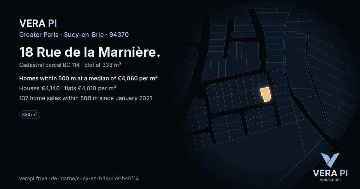 18 Rue de la Marnière, Sucy-en-Brie at night – the plot lit, the parcels around coloured by the prices near them