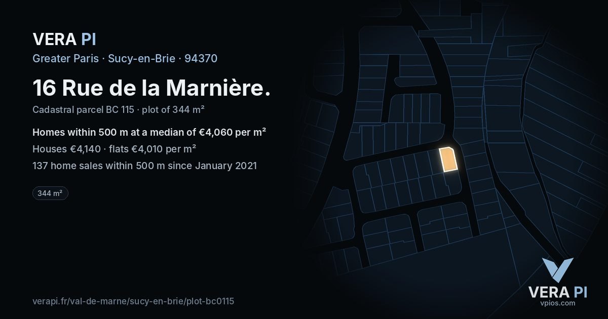 16 Rue de la Marnière, Sucy-en-Brie at night – the plot lit, the parcels around coloured by the prices near them