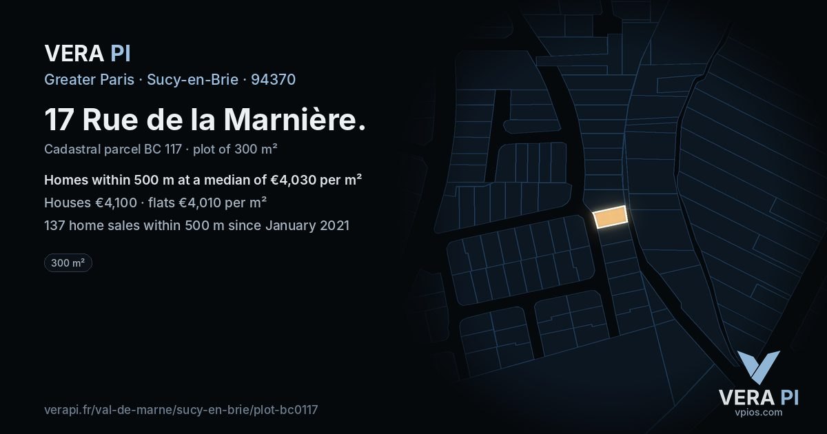17 Rue de la Marnière, Sucy-en-Brie at night – the plot lit, the parcels around coloured by the prices near them