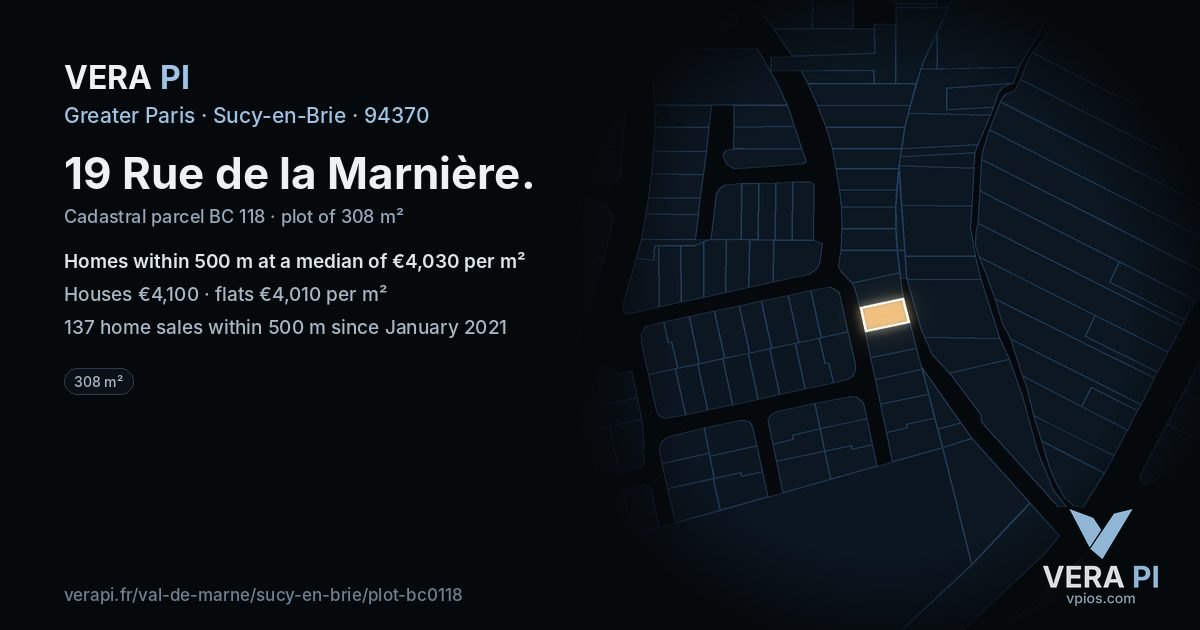 19 Rue de la Marnière, Sucy-en-Brie at night – the plot lit, the parcels around coloured by the prices near them