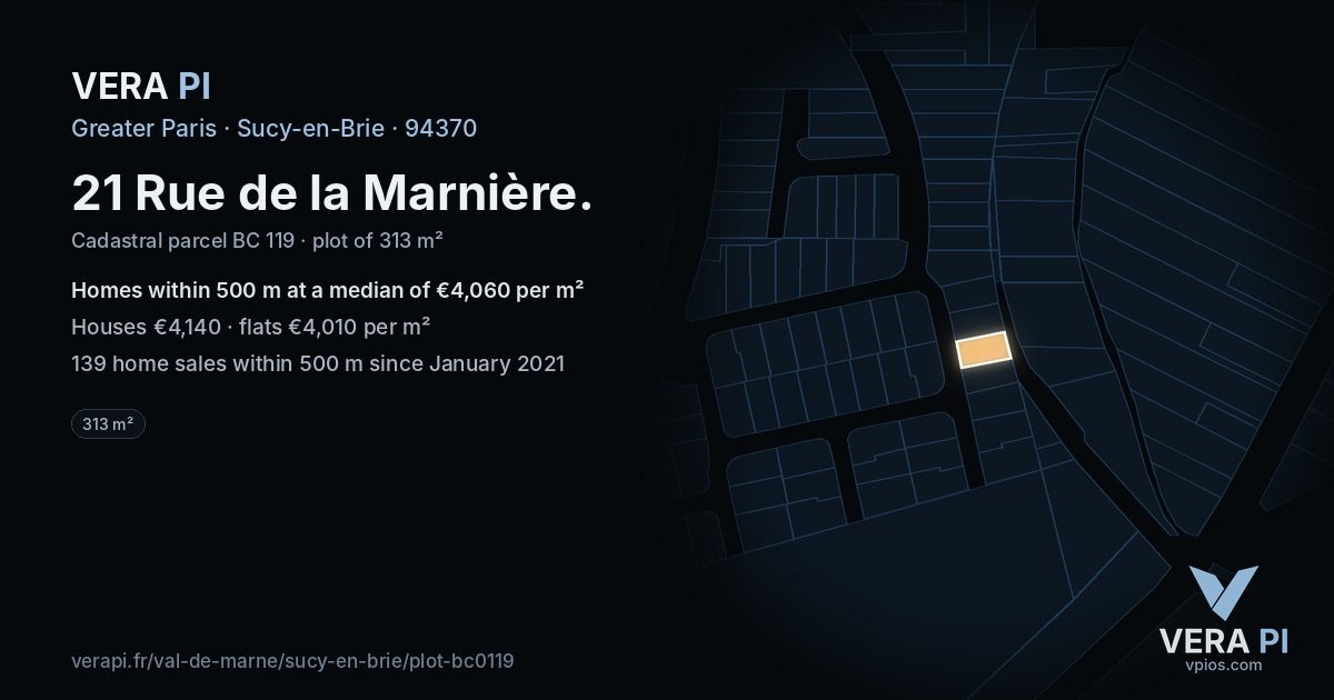 21 Rue de la Marnière, Sucy-en-Brie at night – the plot lit, the parcels around coloured by the prices near them