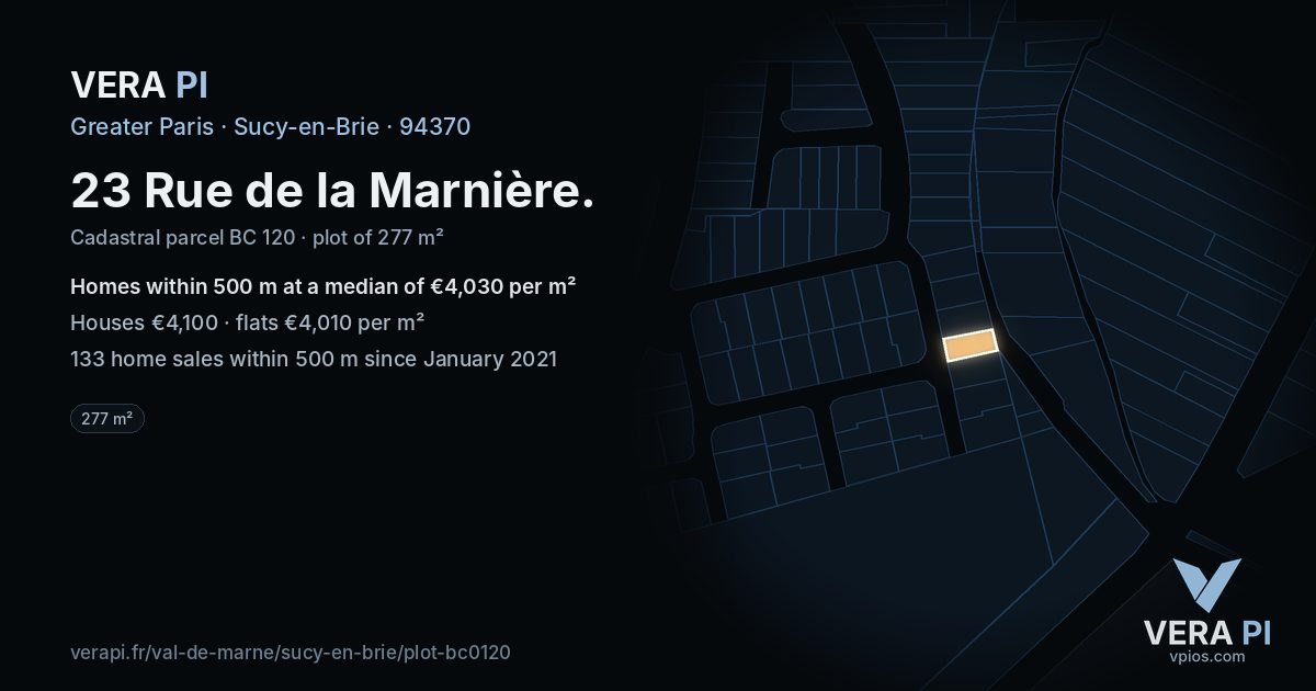 23 Rue de la Marnière, Sucy-en-Brie at night – the plot lit, the parcels around coloured by the prices near them
