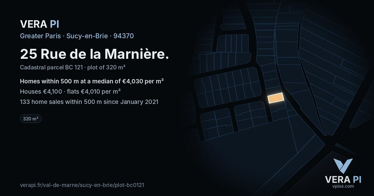 25 Rue de la Marnière, Sucy-en-Brie at night – the plot lit, the parcels around coloured by the prices near them