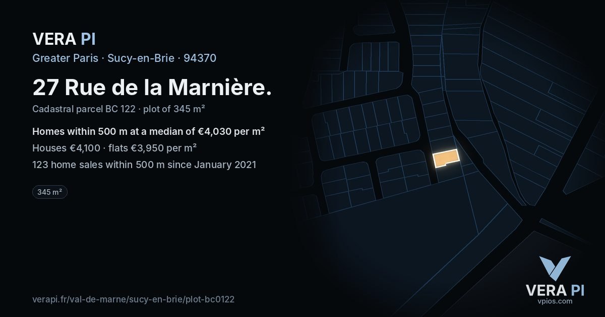27 Rue de la Marnière, Sucy-en-Brie at night – the plot lit, the parcels around coloured by the prices near them