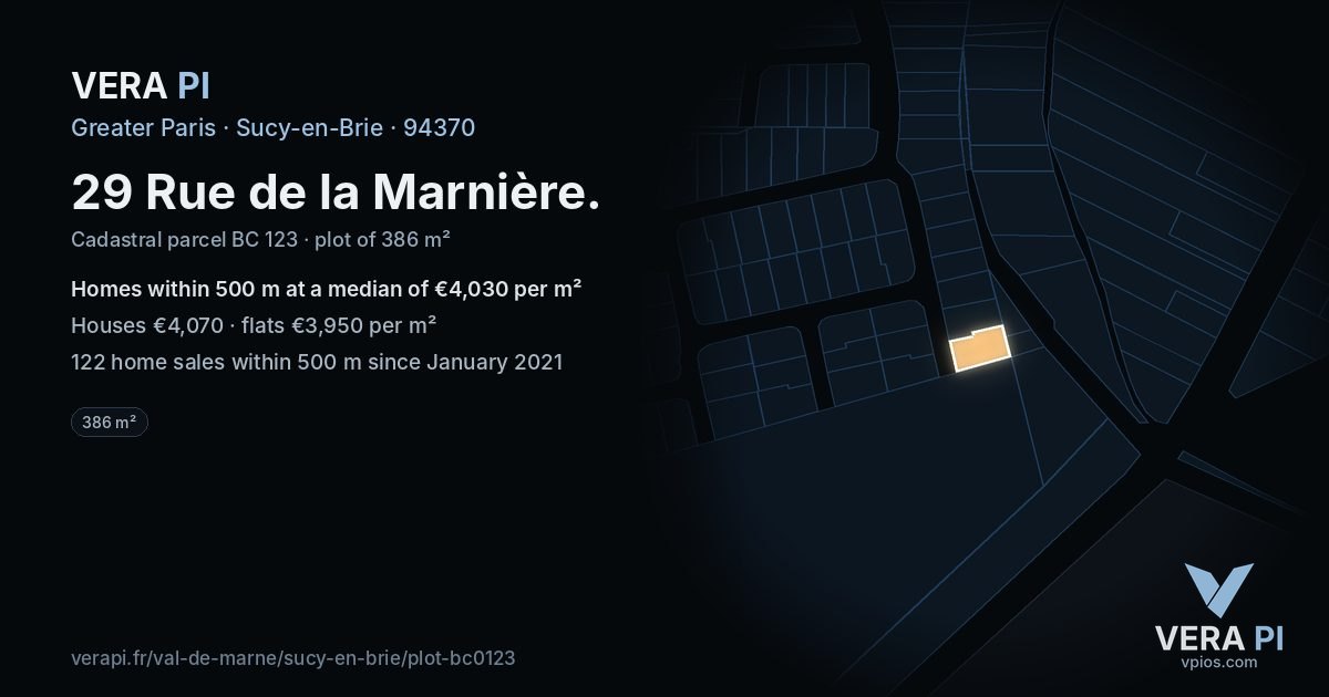 29 Rue de la Marnière, Sucy-en-Brie at night – the plot lit, the parcels around coloured by the prices near them