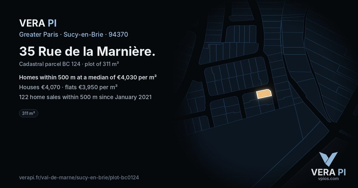 35 Rue de la Marnière, Sucy-en-Brie at night – the plot lit, the parcels around coloured by the prices near them