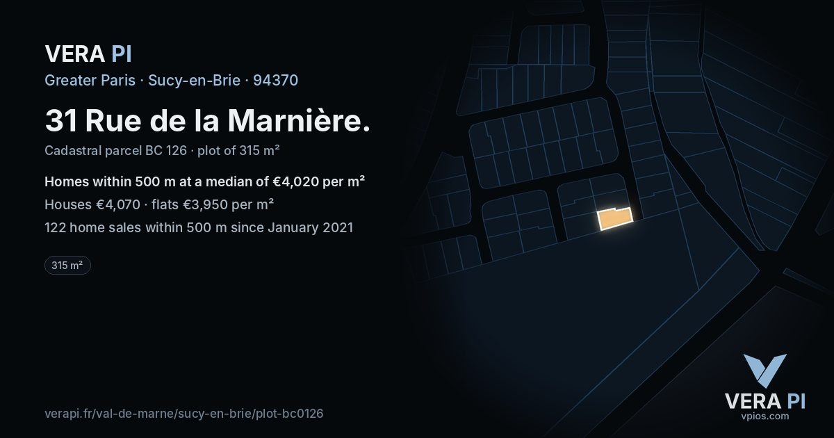 31 Rue de la Marnière, Sucy-en-Brie at night – the plot lit, the parcels around coloured by the prices near them