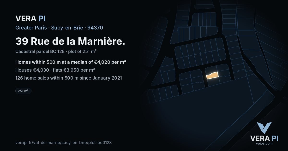 39 Rue de la Marnière, Sucy-en-Brie at night – the plot lit, the parcels around coloured by the prices near them