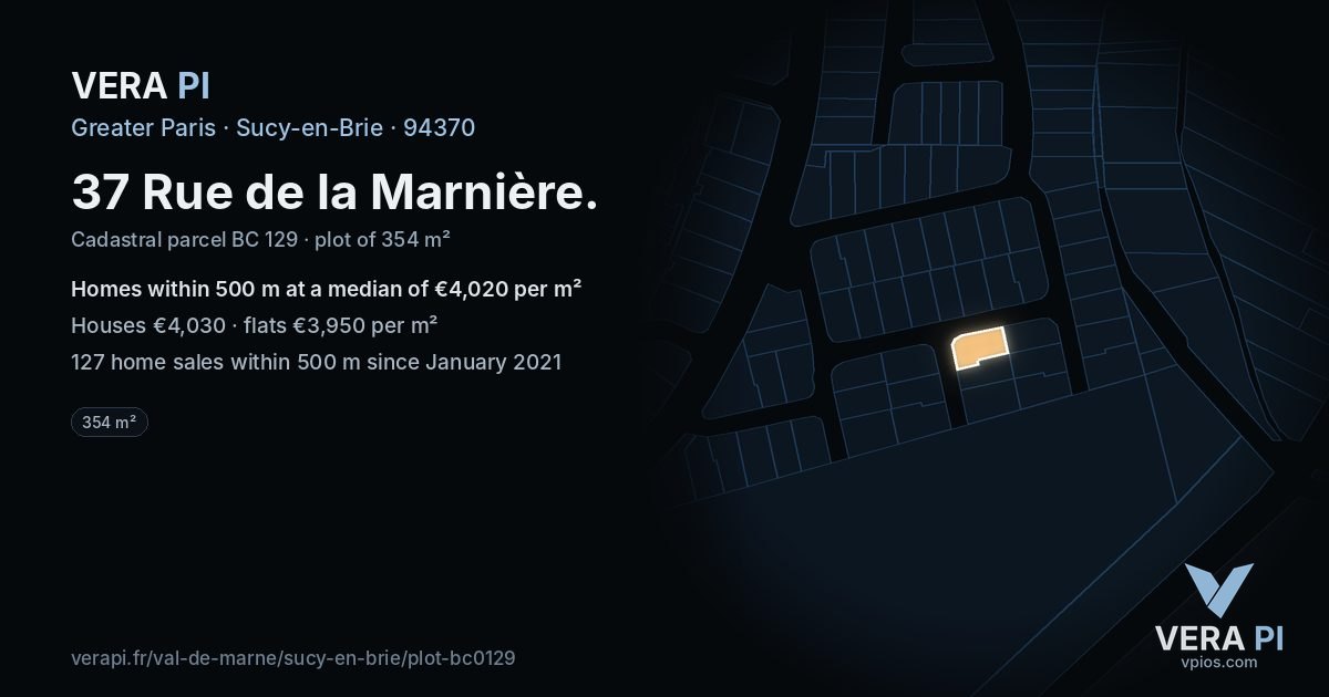 37 Rue de la Marnière, Sucy-en-Brie at night – the plot lit, the parcels around coloured by the prices near them